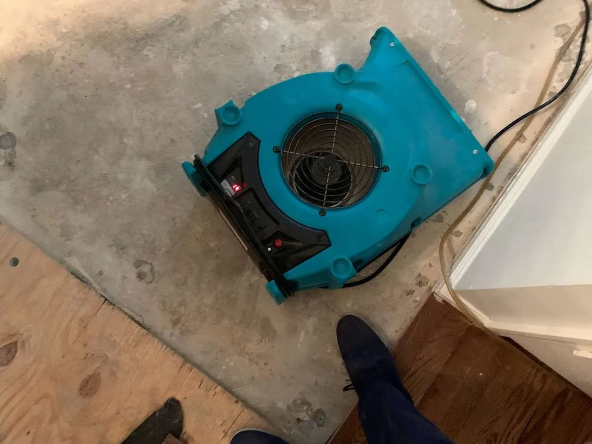 Air mover drying subfloor during Commercial Water Damage Restoration in Honeygo